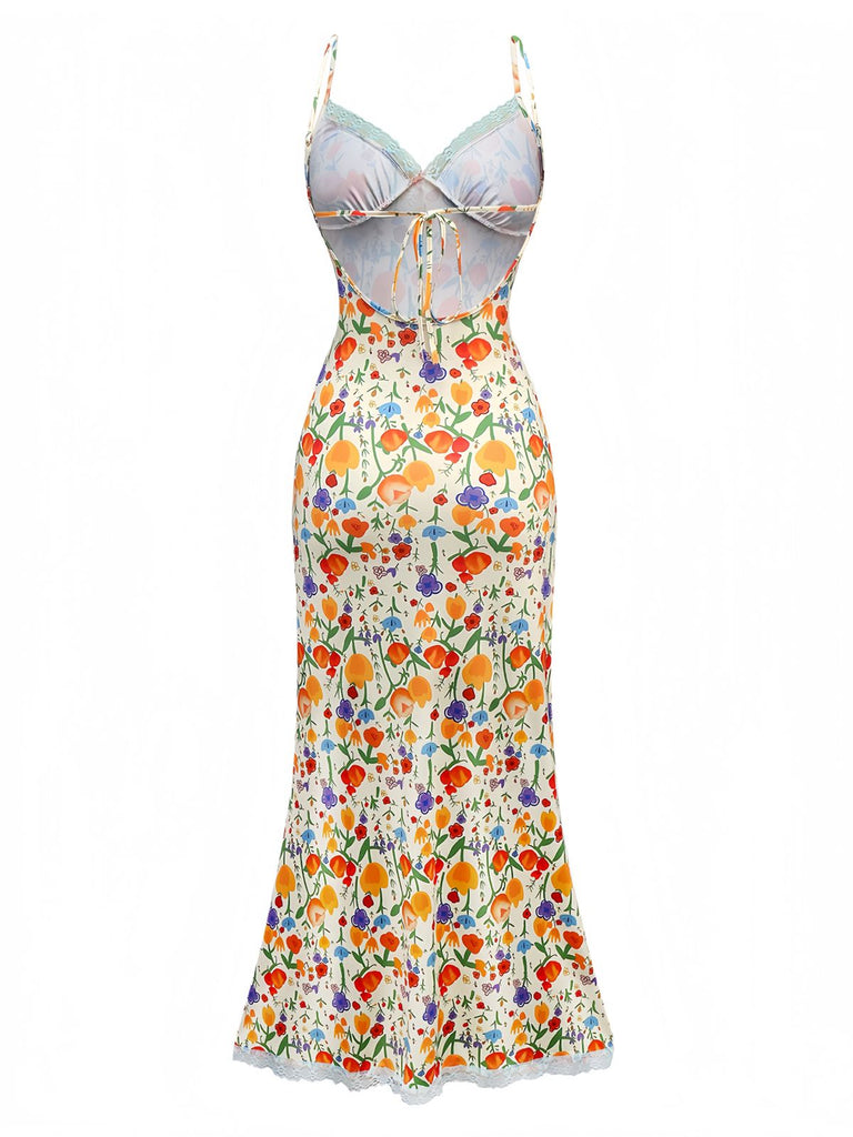 Robe licou fleur dentelle à bretelles spaghetti années 1930
