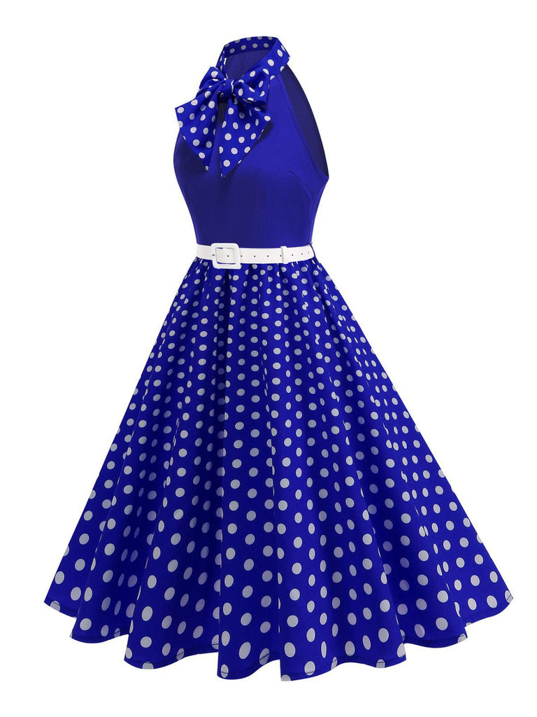 Robe Ceinturée Nœud Papillon Col Pois Années 1950