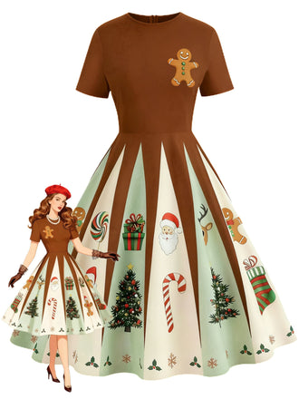 Robe trapèze marron style pain d'épices de Noël des années 1950