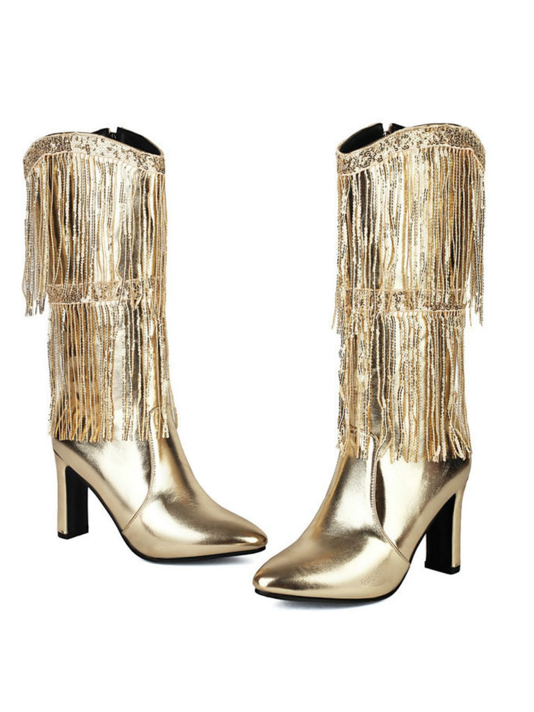Bottines disco métallisées à franges et bout pointu