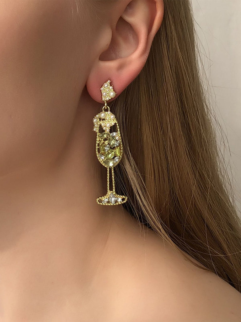 Boucles d'oreilles en forme de verre à champagne perles et pierres précieuses