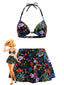 Ensemble bikini motifs floraux tropicaux haut dos nu et bas jupette années 1930