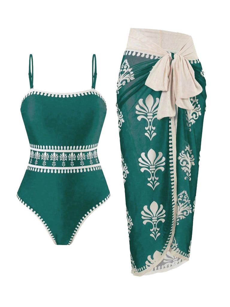 Bohème Florale Imprimé One-Pièce Maillot de Bain & Cache Maillot Années 1970 7