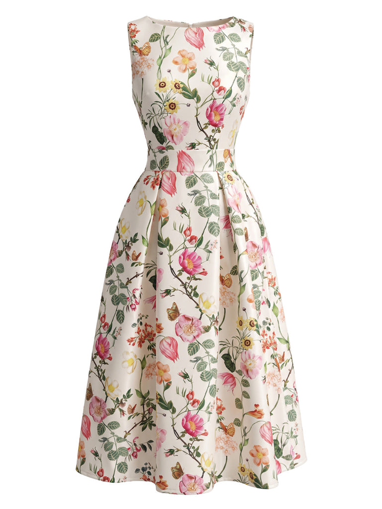 Robe en A Florale Col Bateau Sans Manches Imprimée Années 1940 3