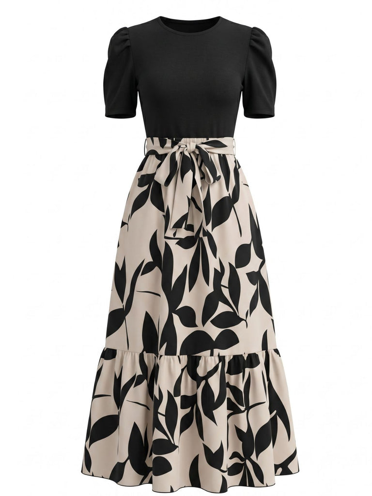 Florale Col Rond Ceinturée Robe Années 1940 3