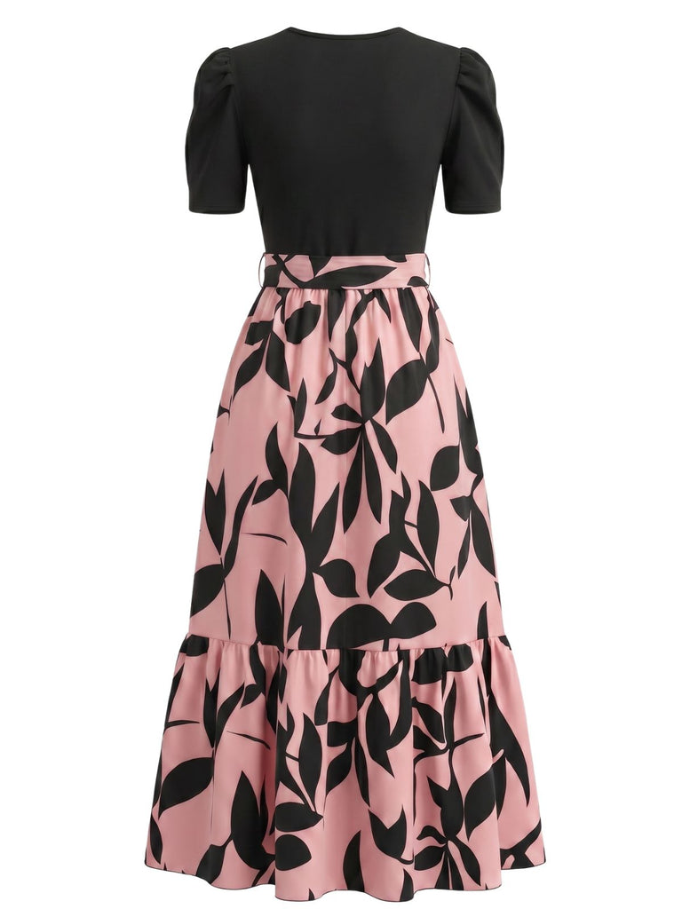 Florale Col Rond Ceinturée Robe Années 1940 5