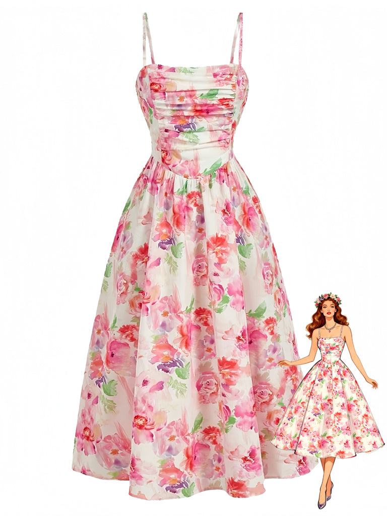 Florale Froncé Caraco Midi Robe Années 1940