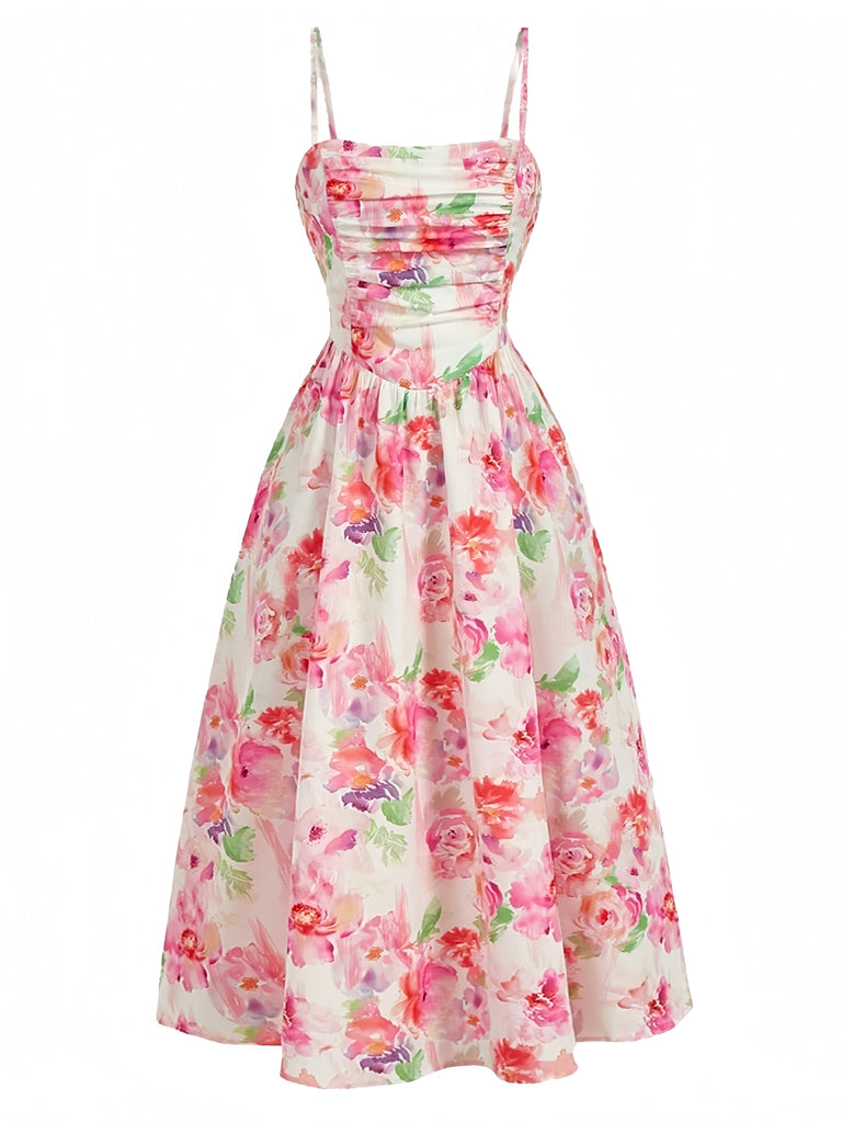 Florale Froncé Caraco Midi Robe Années 1940 2