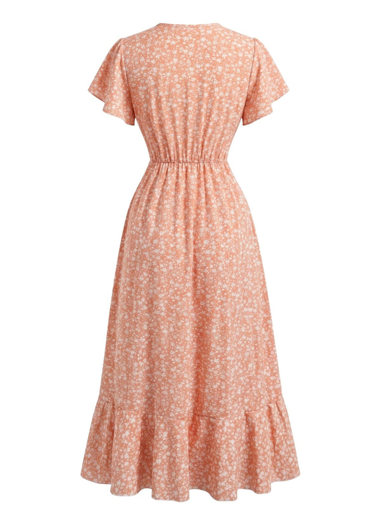 Robe Sirène Col V à Petites Fleurs Orange Années 40