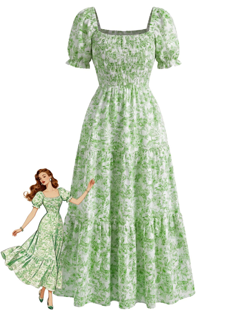 Robe Florale Col Carré Froissé Années 1940