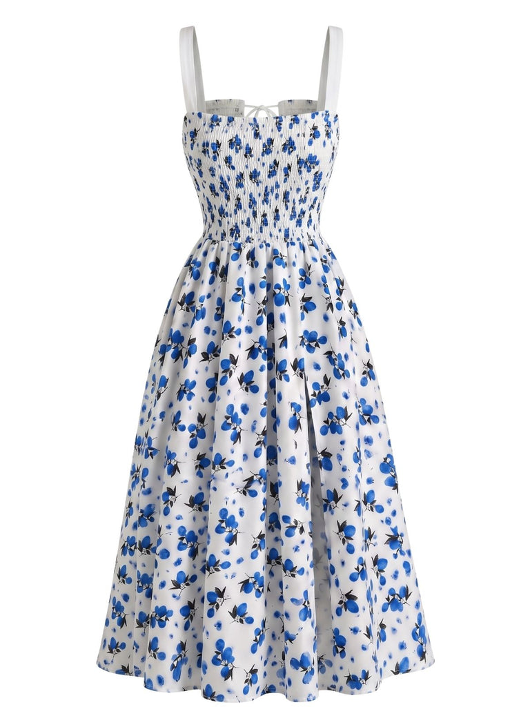 Robe Midi Ligne A Fendue Froncée à Nœud Floral Fruité Années 40