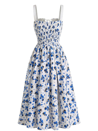 Robe Midi Ligne A Fendue Froncée à Nœud Floral Fruité Années 40