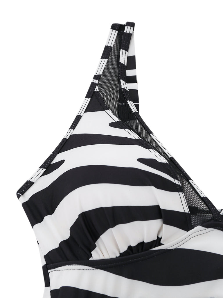 Maillot de Bain Une Pièce Zèbre Filet Imprimé Noir et Blanc Années 1940 4