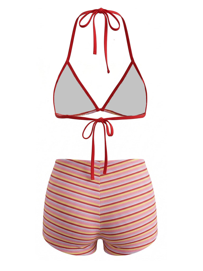 Ensemble Bikini Triangle Côtelé Dos-Nu Rayé Rouge Années 1940