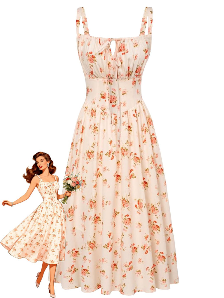 Florale Noué Devant Col Carré Midi Robe Années 1940