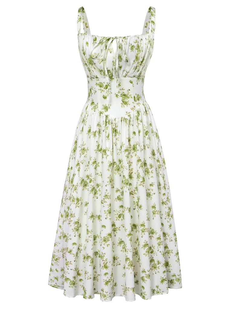 Florale Noué Devant Col Carré Midi Robe Années 1940 9
