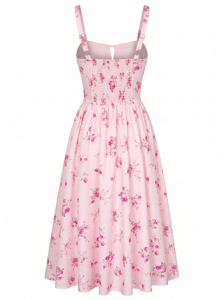 Florale Noué Devant Col Carré Midi Robe Années 1940 5