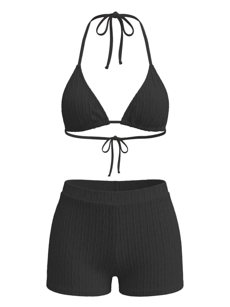 Ensemble Bikini Texturé Halter Uni Triangle Années 1940 4
