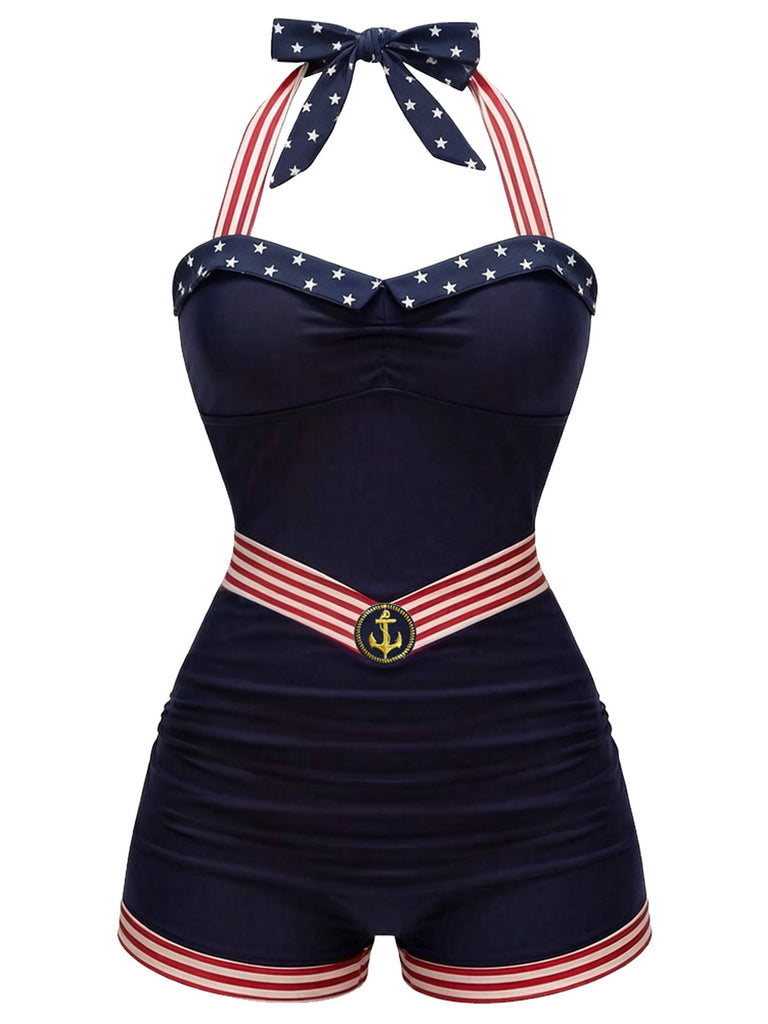 Maillot de Bain Dos-Nu Patchwork Étoiles Rayures & Ancre Bleu Marine Années 1940