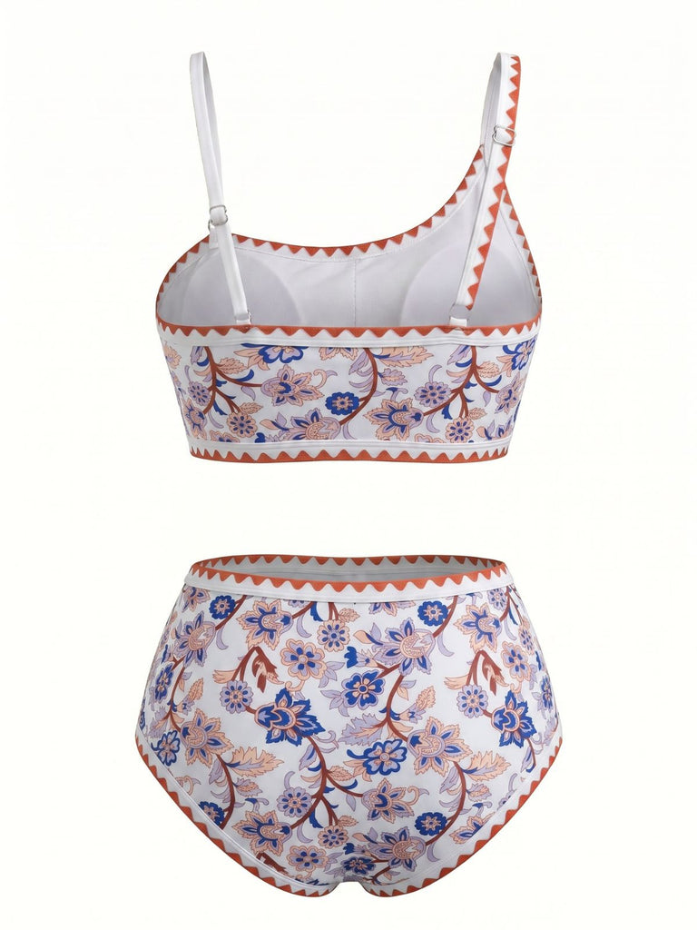 Ensemble Bikini Floral Botanique Asymétrique Taille Haute Années 1950 5