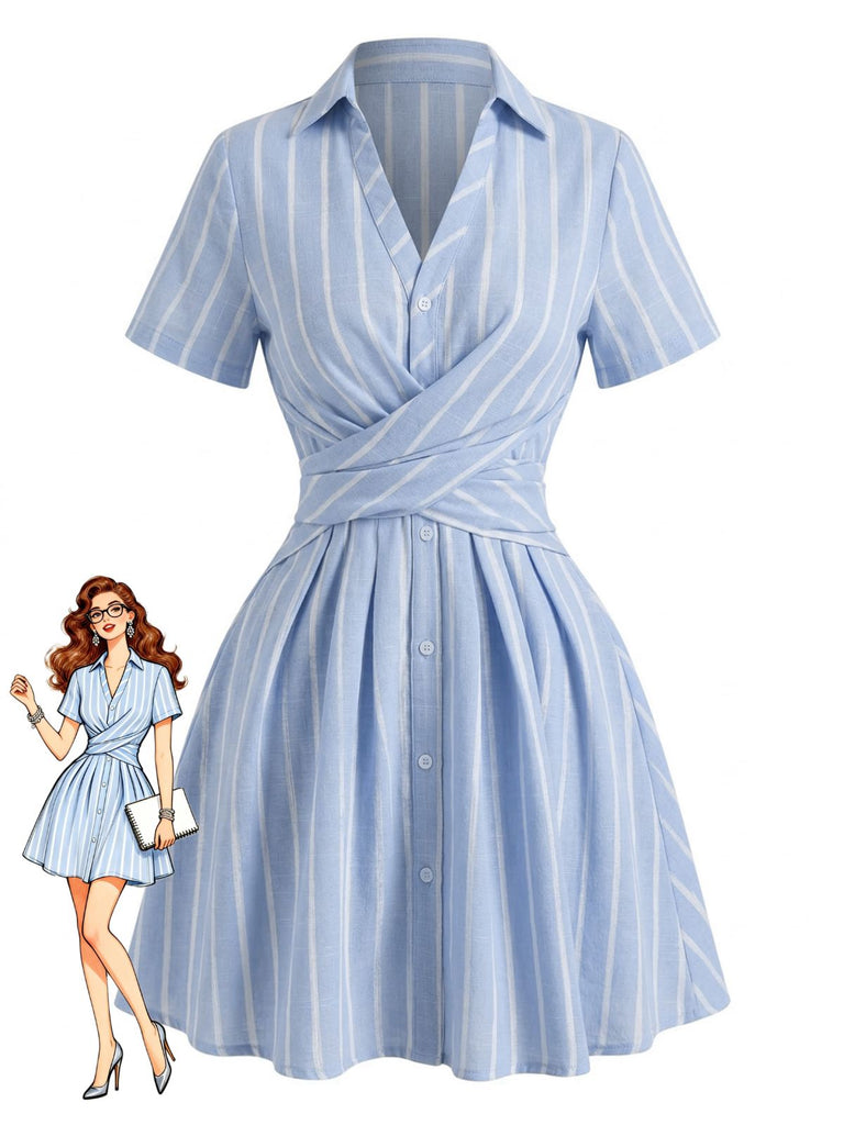 Blue 1950s Vertical Striped Johnny Collar Criss-Cross Dress - vintage dress, retro fashion, rockabilly