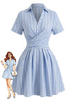 Blue 1950s Vertical Striped Johnny Collar Criss-Cross Dress - vintage dress, retro fashion, rockabilly