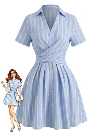 Blue 1950s Vertical Striped Johnny Collar Criss-Cross Dress - vintage dress, retro fashion, rockabilly