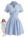 Blue 1950s Vertical Striped Johnny Collar Criss-Cross Dress - vintage dress, retro fashion, rockabilly