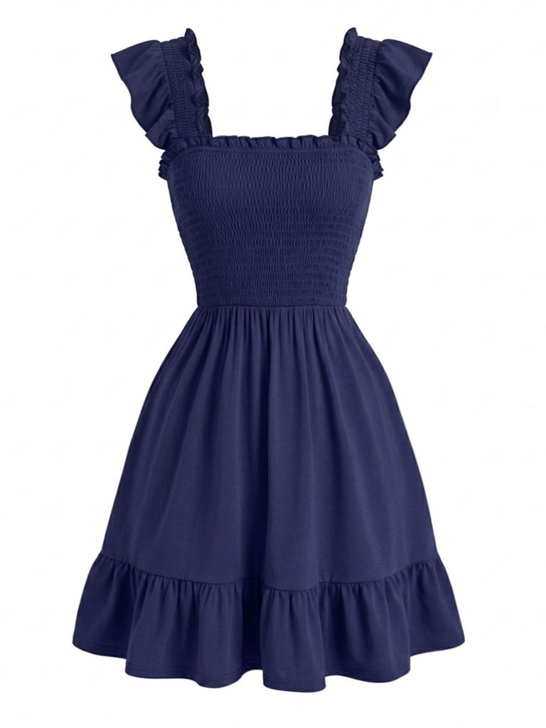 Robe Smockée Col Carré à Manches à Volants Années 1950 2