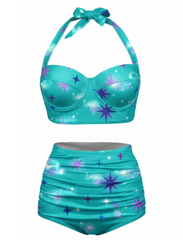 Maillot de Bain Dos-Nu à Lacets Pailleté Turquoise Années 1950
