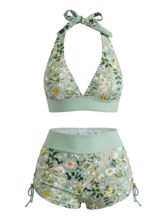 Ensemble Bikini Fleurs Sauvages Halter Taille Haute Shorty Années 1950 2