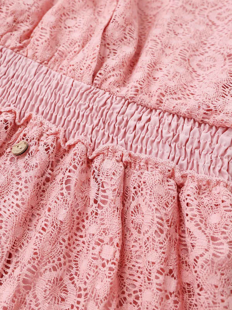 Uni Dentelle Patchwork Chauve-Souris Sleeve Col en V Robe Années 1970 7