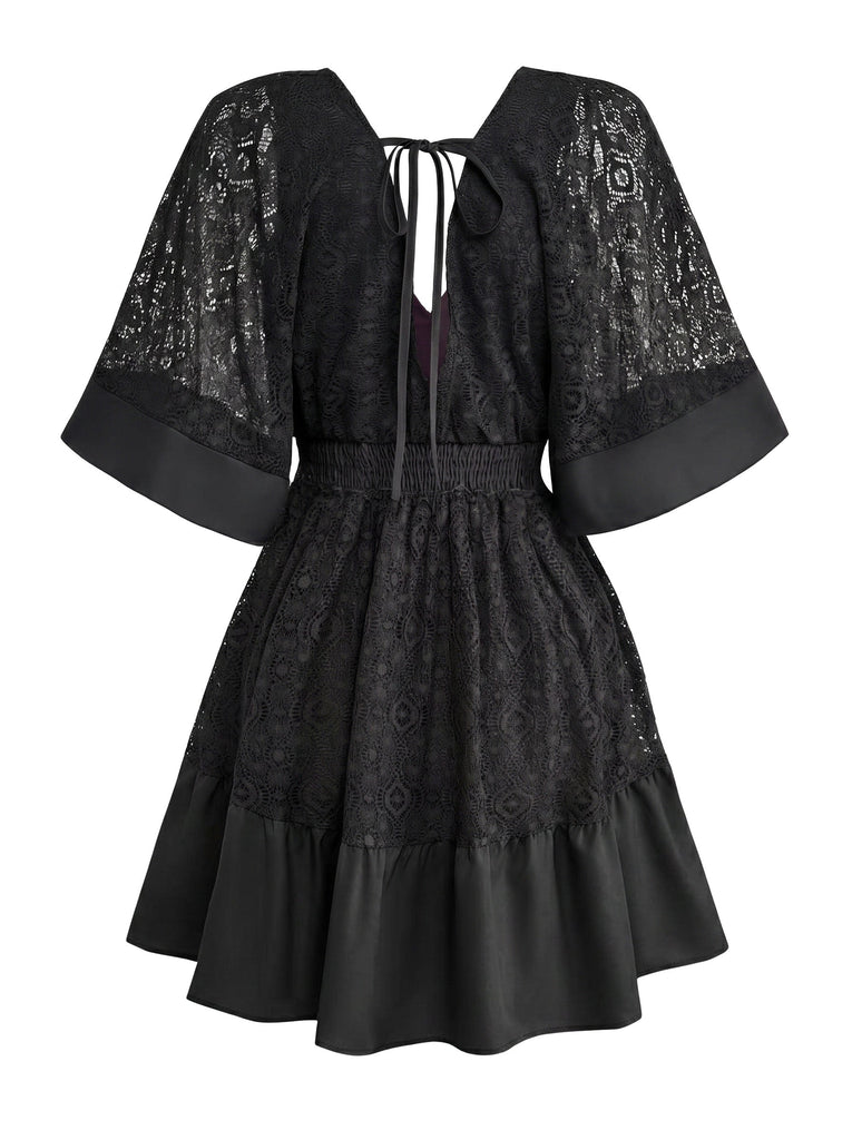 Uni Dentelle Patchwork Chauve-Souris Sleeve Col en V Robe Années 1970 12