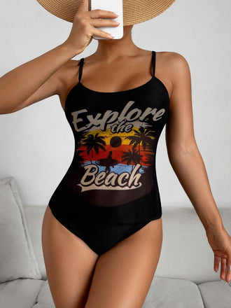 Ensemble Tankini en Maille à Bretelles Fines Imprimé Palmiers Années 1950