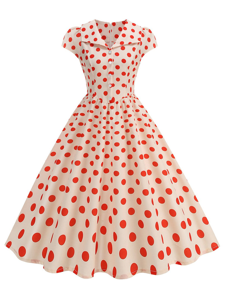 Robe Évasée à Pois Col à Revers Manches Courtes Années 1950