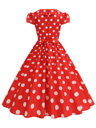 Robe Évasée à Pois Col à Revers Manches Courtes Années 1950 5