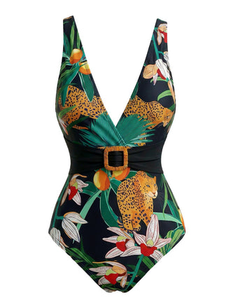 Tropical Léopard Boucle Col en V Une Pièce Maillot de Bain Années 1950 2