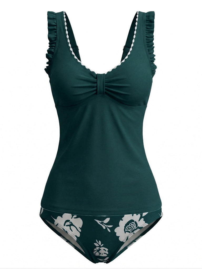 Ensemble Tankini Floral Froncé à Bretelles Volantées années '50 4