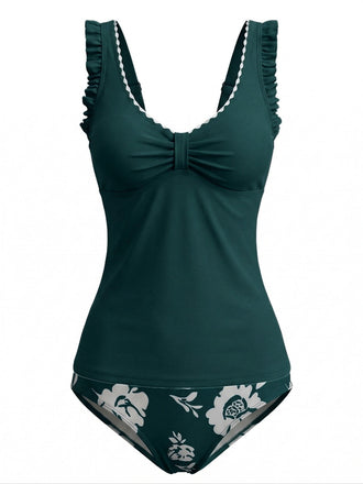 Ensemble Tankini Floral Froncé à Bretelles Volantées années '50 4