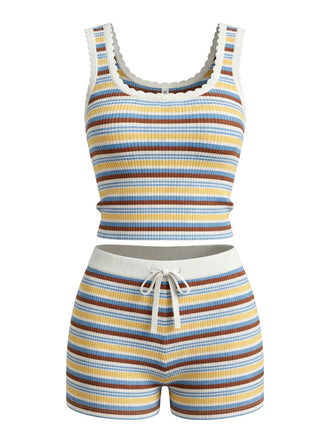 Rayée Côtelé Dentelle Bordure Short Ensemble Rainbow Années 1950