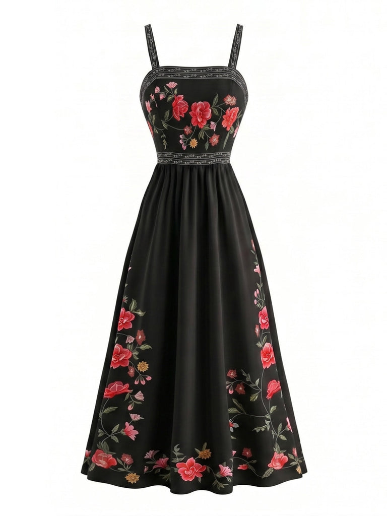 Florale Smockéé Bretelles Spaghetti Robe Années 1950 3