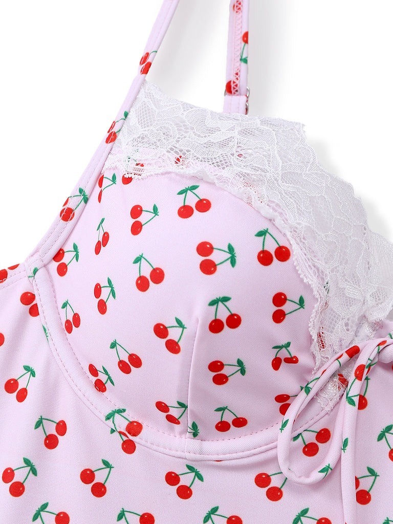 Maillot de Bain Une Pièce Bordure Dentelle Imprimé Cerises Rose Années 1940