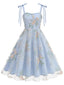 Robe Midi Florale Tulle Bleu Années 1950