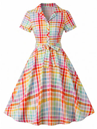à Carreaux Revers Manches Courtes Robe Multicolore Années 1940