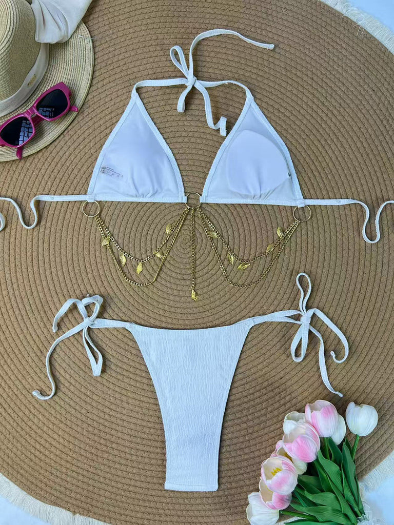 Ensemble Bikini Triangle Côtelé Chaîne Dorée Années 1960 11