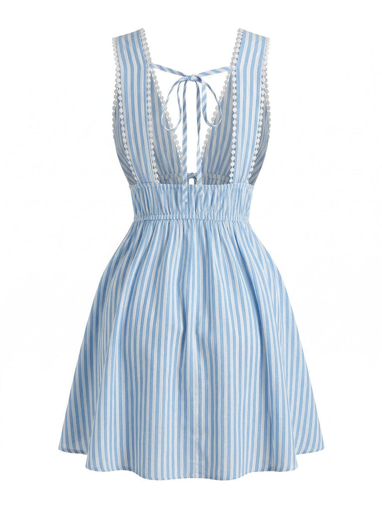 Robe Sans Manches Col V Profond Dos-Nu Rayée Bleue Années 1960