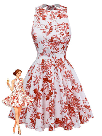 Robe Évasée Dos-Nu Sans Manches Imprimé Floral Années 1960
