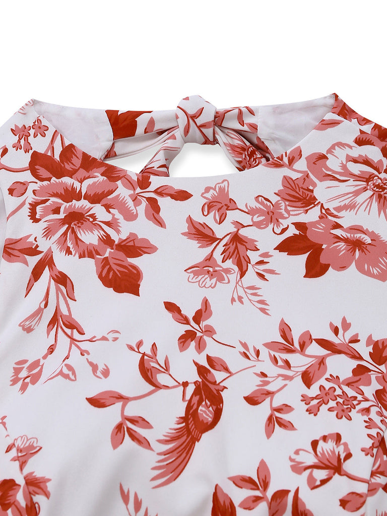 Robe Évasée Dos-Nu Sans Manches Imprimé Floral Années 1960