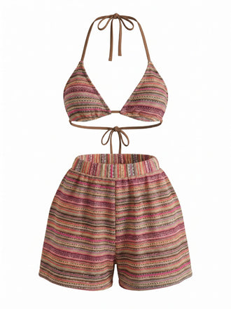 Ensemble Bikini Triangle Dos-Nu Rayé en Maille Années 1960