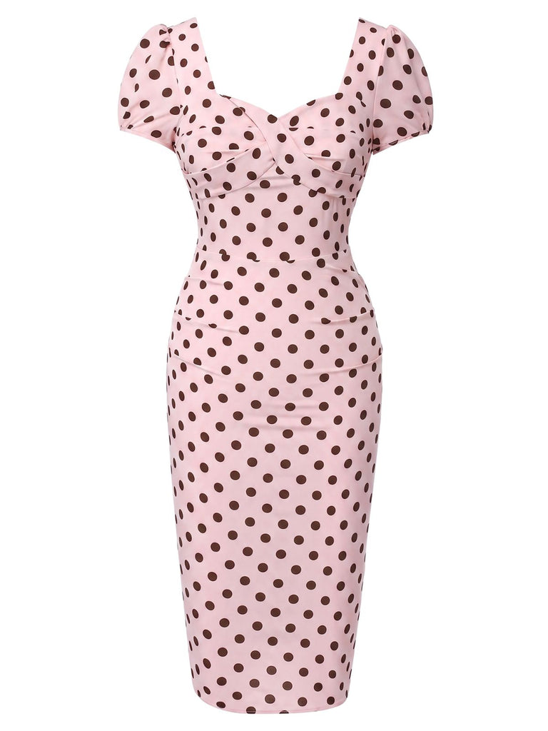 [Prévente] Robe rose pois col carré et manches bouffantes années 1960